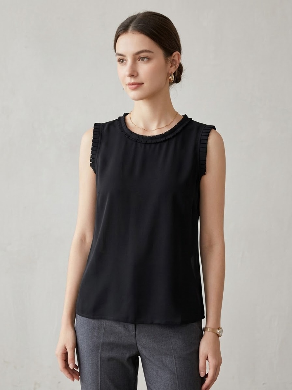 J.Crew Black Sleeveless Top with Pleated Raffle Trim Blouse Minimalist Size 6